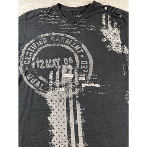PD&C Dry Goods Mens V-Neck Graphic T-Shirt Black Slub Cotton Distressed Medium